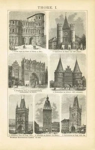 Tablero TORE / STADTOR / HOLSTENTOR / PUERTA NIGRA 1895 Grabado en madera original - Imagen 1 de 1
