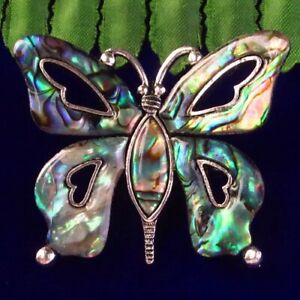 SH337 Carved Abalone Shell Tibetan Silver Butterfly Pendant Bead Brooch