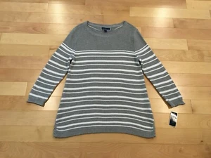 NWT Karen Scott Gray/White Striped Knit Sweater Side Lace-Up - Sz Small - Picture 1 of 10