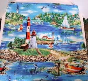 Nautical Fabric Michael Miller Coastal Living 73" X 44" Lighthouses Sailboats - Picture 1 of 9