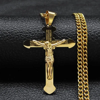 Cadena De Enlace Cubano Para Hombre Collar Con Colgante De Cruz Acero Inoxidable Foto 1 de 4