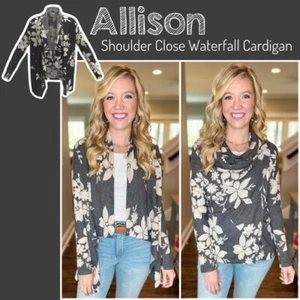 SMALL ALLISON LuLaRoe - GRAY FLORAL Shoulder Close Waterfall Cardigan; Sizes 4-6 - Picture 1 of 6