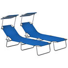 Outsunny Folding Sun Lounger Set Of 2 W/ Sunshade Adjustable Backrest Blue