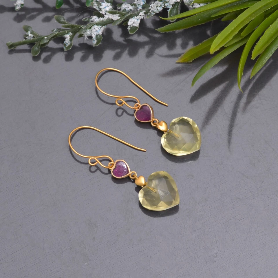 18K Yellow Gold Heart Ruby and Lemon quartz Dangle Earrings For valentine Women - Image 1 of 1