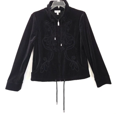 Jaqueta atlética St. John Sport veludo preto com zíper completo enfeitada tamanho G - Imagem 1 de 4