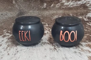 Rae Dunn Halloween Salt & Pepper Shakers Cauldron Black Orange Letters EEK! BOO! - Picture 1 of 3