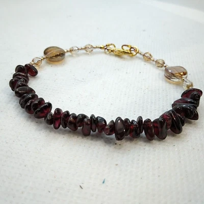 Garnet Chips And Glass Gold Tone 7 Inch Bracelet Artisan Made - Image 1 of 4