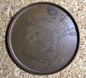 Vintage 1947 Bell Gardens Bank California Metal Dish Cowboy on a Bucking Bronco - Picture 1 of 9