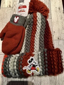 Mickey Beanie Set Red Hat Gloves Knit Pom Pom Cute Toddler - Picture 1 of 7