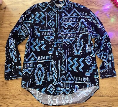 Винтажная мужская сине-черная рубашка Frontier Series Aztec без воротника на пуговицах спереди размер XL - Изображение 1 из 4