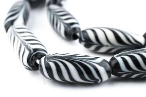 Black Glass Feather Beads 11mm Indonesia Black and White Oval Large Hole - Picture 1 of 5