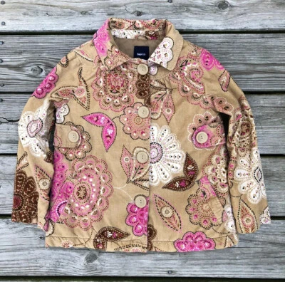 Jaqueta de veludo Gap infantil meninas paisley tamanho pequeno 6-7 casaco floral rosa bronzeado - Imagem 1 de 4