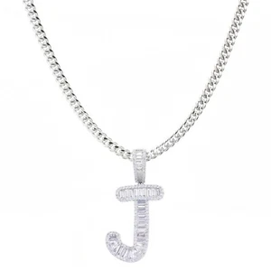Unisex Iced CZ Baguette Silver Plated J Initial Pendant Necklace 20" Cuban Chain - Picture 1 of 4