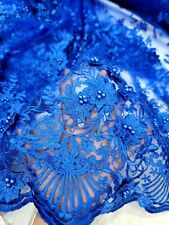 Fabric By the Yard Royal Blue Lace 3d Floral Flowers Prom Embroidery Pearls 