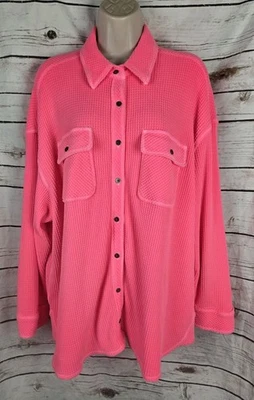 Camisa Leñadora Tejida Gofre Rosa Neón Aerie S Botón Mezcla Algodón De Gran Tamaño Foto 1 de 4