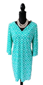 Vestido Jude Connally Talla M Azul Aqua Blanco Tejido Línea A Mangas Campana Funda 8 10 - Imagen 1 de 4