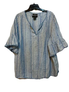 Tahari Linen Peasant Top Womens 2X Blue&White Pullover Striped Ruffle Sleeves - Picture 1 of 11