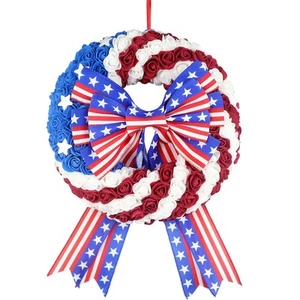 16 Inch 4th of July Red White And Blue Wreath Roses & Stars Decor For Front Door - Picture 1 of 7