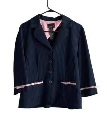Vintage Womens Pinstriped Blazer Sz 7/8 Navy Blue Pink Bows Preppy Y2K Retro - Image 1 of 4
