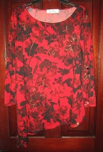Kasper L Stretch Blouse Tunic Top Shirt Lagenlook Floral Print Red Black 3/4 Slv - Picture 1 of 3