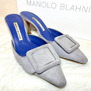 Sandali Manolo Blahnik Maysale Mules grigio scamosciato taglia 37 slip-on con borsa USATI - Foto 1 di 10