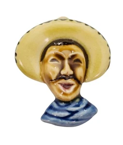 Ceramic Glazed Mexican Man In Hat Brooch Elzac-Style Pin - Picture 1 of 8