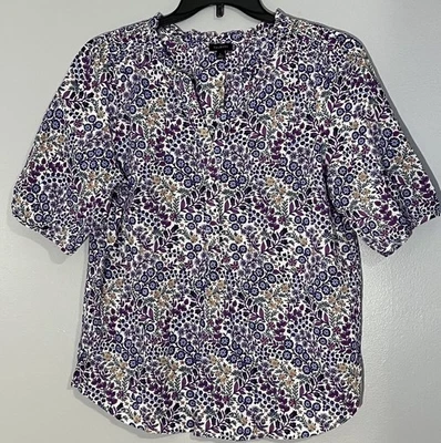 Talbots Career Casual Short Sleeve Purple Multicolor Flower Print Blouse Sz L - Image 1 of 4