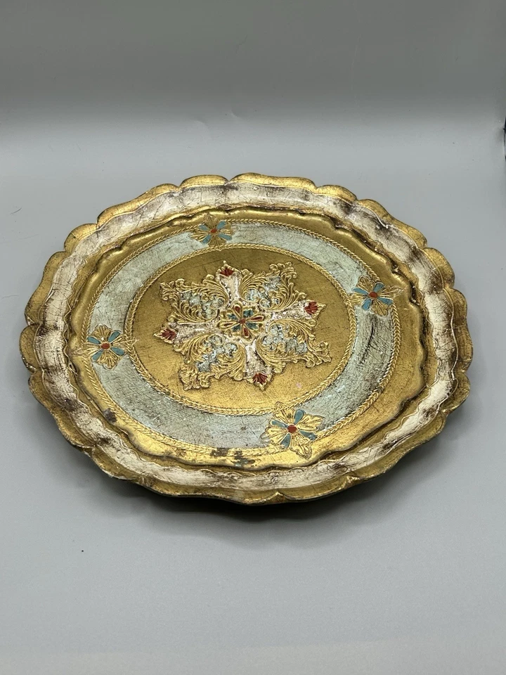 Bandeja de madera ITALIANA FLORENTINA DE COLECCIÓN ORNAMENTADA VERDE ROJO ORO DORADO 9,5 ¡REDONDA ITALIA! Foto 1 de 4