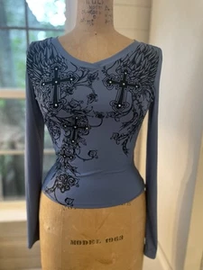 Grunge Goth Blue Long Sleeve Cross Pattern V Neck Top Shirt Women’s Small - Picture 1 of 5