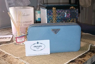 PRADA Saffiano Crossbody Leather Wallet in Blue/Gold with Chain (1M1290) - Image 1 of 4