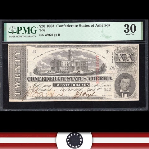 T-58 1863 $20 CONFEDERATE CURRENCY CSA PMG 30 *CIVIL WAR* 38029-DZ Cover