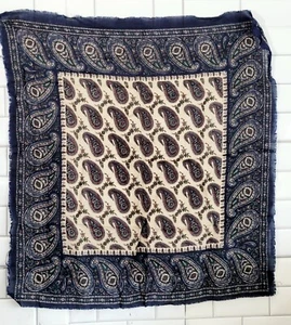 Ladies Vintage Medium Size Square Scarf Navy Blue Beige Green Paisley Print Made - Picture 1 of 4