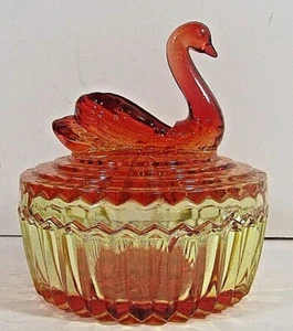 Vintage 1970er Jeanette Amberina Schwan Glas Pulver Schmuck Schale rot orange gelb - Bild 1 von 12