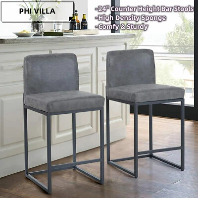 24'' Bar Stools Counter Height Bar Chairs Upholstered Barstools Heavy Duty Gray - Image 1 of 4