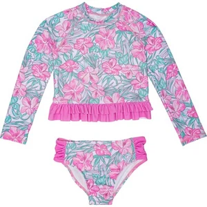 Tommy Bahama 6 Girls 2 Pc L/S Rash Guard Tankini Swimsuit Pink Ruffle Hibiscus - Picture 1 of 2