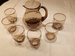 grey glass carafe with glasses jug with gold rim vintage - Picture 1 of 15