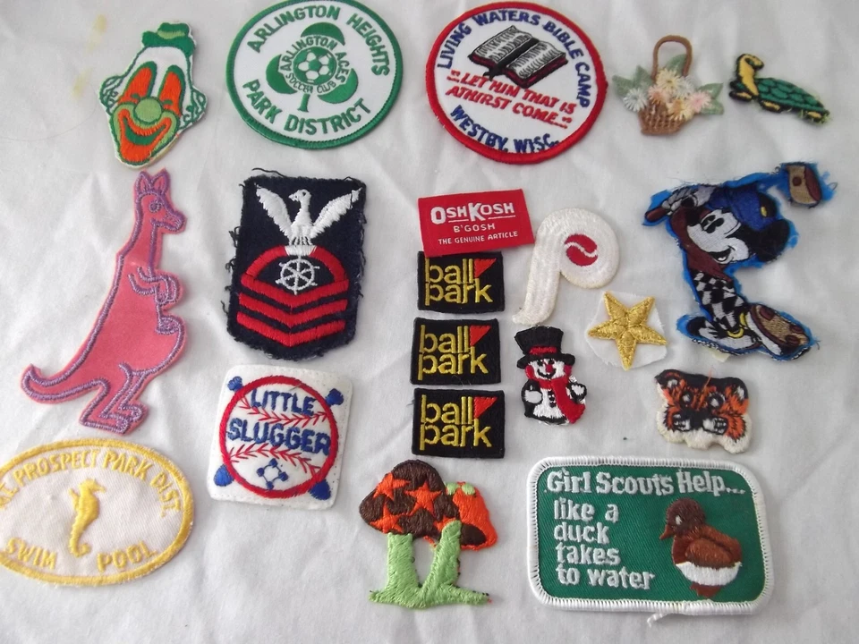 Vtg lot 20 PATCHES MIXED LOT SEW ON IRON ON EMBROIDER NEW USED Mickey Golf Scout - Image 1 of 1