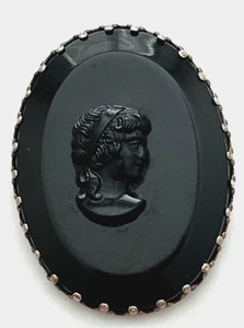 Large Antique/ Vintage Black Glass Cameo Set in Silver  Button #7 - Picture 1 of 2