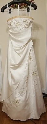 Niki Livas Designer Ivory Gold Wedding Formal Embroidered Strapless Dress Sz 14  - Image 1 of 4