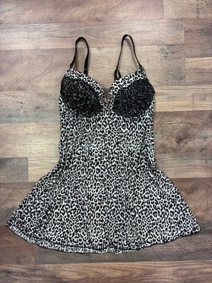Vintage Leopard Cheetah Print Babydoll Slip Tank Top M Lingerie Lace Bow Y2K 90s - Image 1 of 4