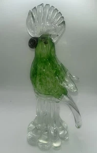 Murano Cockatoo Parrot BIRD Art Glass Rare Green Body Clear Comb Figure Figurine - Picture 1 of 9