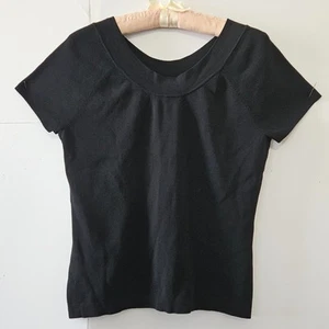 Talbots Size L Black Rayon Nylon Short Sleeved Round Neck Summer Blouse Shirt To - Picture 1 of 16