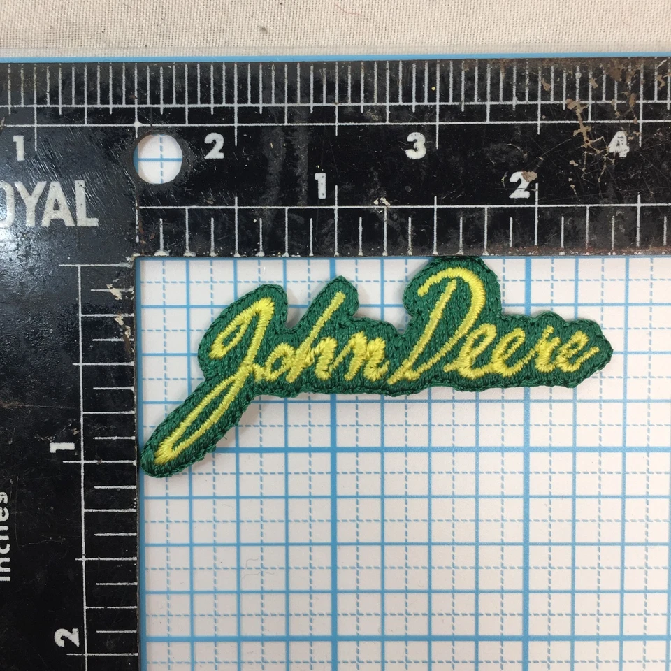 VINTAGE JOHN DEERE SCRIPT 2.5" IRON ON PATCH - GREEN AND YELLOW - Image 1 of 1