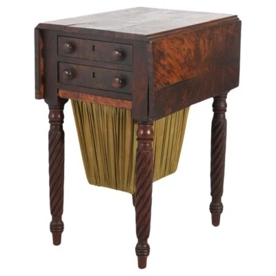 Antique Sheridan Flame Mahogany Two-Drawer Drop-Leaf Sewing Stand & Basket C1830 - Image 1 of 4