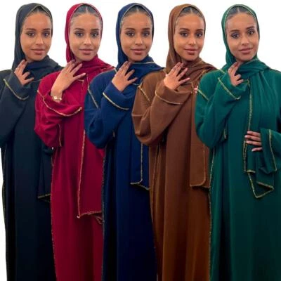 Maxi Vestido Damas Premium Borde Dorado Abaya Con Bufanda A Juego Adjunto Talla 8-20 Foto 1 de 2