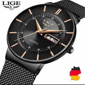 Herren Armbanduhr Mesh mit Datum dünn schlank stylische Sportuhr schwarz - Bild 1 von 24