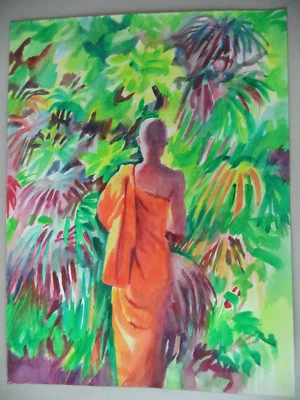 Pintura Gouache Modernista Andre Delfau Abstracto MCM Retrato Monje Budista!3 Foto 1 de 3