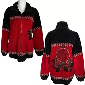 Vintage Coastlines Western Boho Fleece Jacket Size M Dreamcatcher Black Red - Picture 1 of 15
