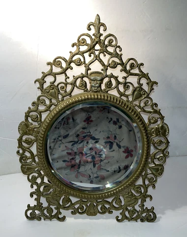 Antique GOTHIC Demon GRIFFIN Brass DRESSER Beveled MIRROR Easel Stand WALL Round Cover