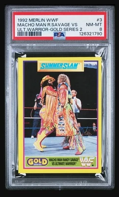 1992 merlin UK wwf #3 macho man ultimate warrior; gold series PSA 8  (POP 3, 1^) - Image 1 of 3